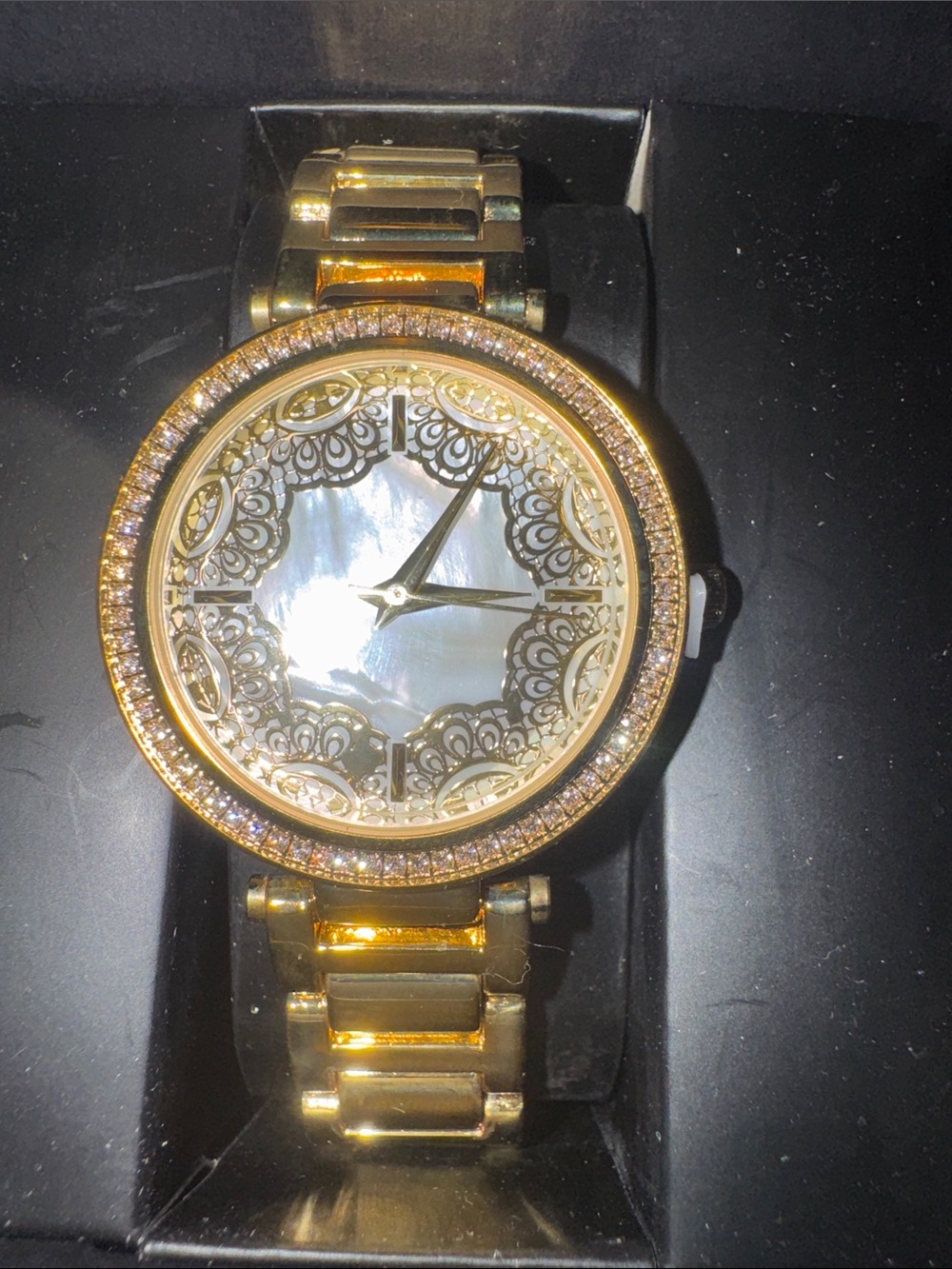 DQ CZ Gold Women's Bracelet Watch with Ornate Mother-of-Pearl Dial